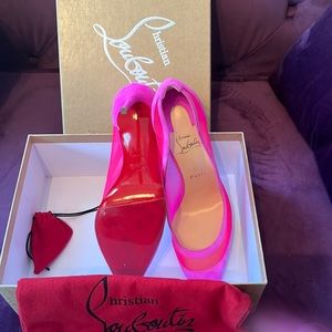 Pink Christian Louboutin mesh inserts & suede trims and 100mm stiletto heels.
